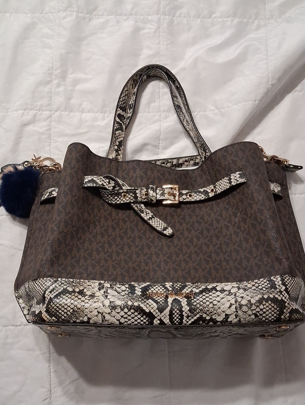 Michael Kors Brown Logo Tote with Snake-Print Accents